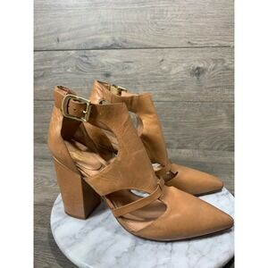 Vince Camuto Tan Leather Cutout Block Heel Pumps